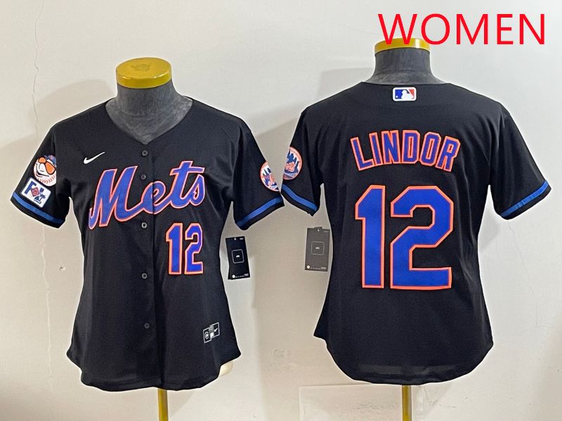 Women 2025 New York Mets 12 Lindor Black Game Nike MLB Jersey style 3